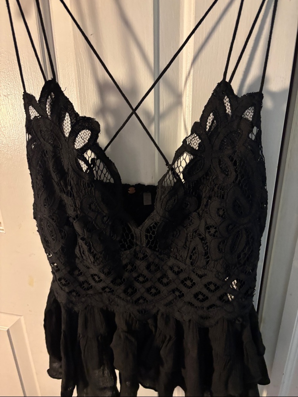 Free People Black Lace Peplum Cami with Crisscross Straps